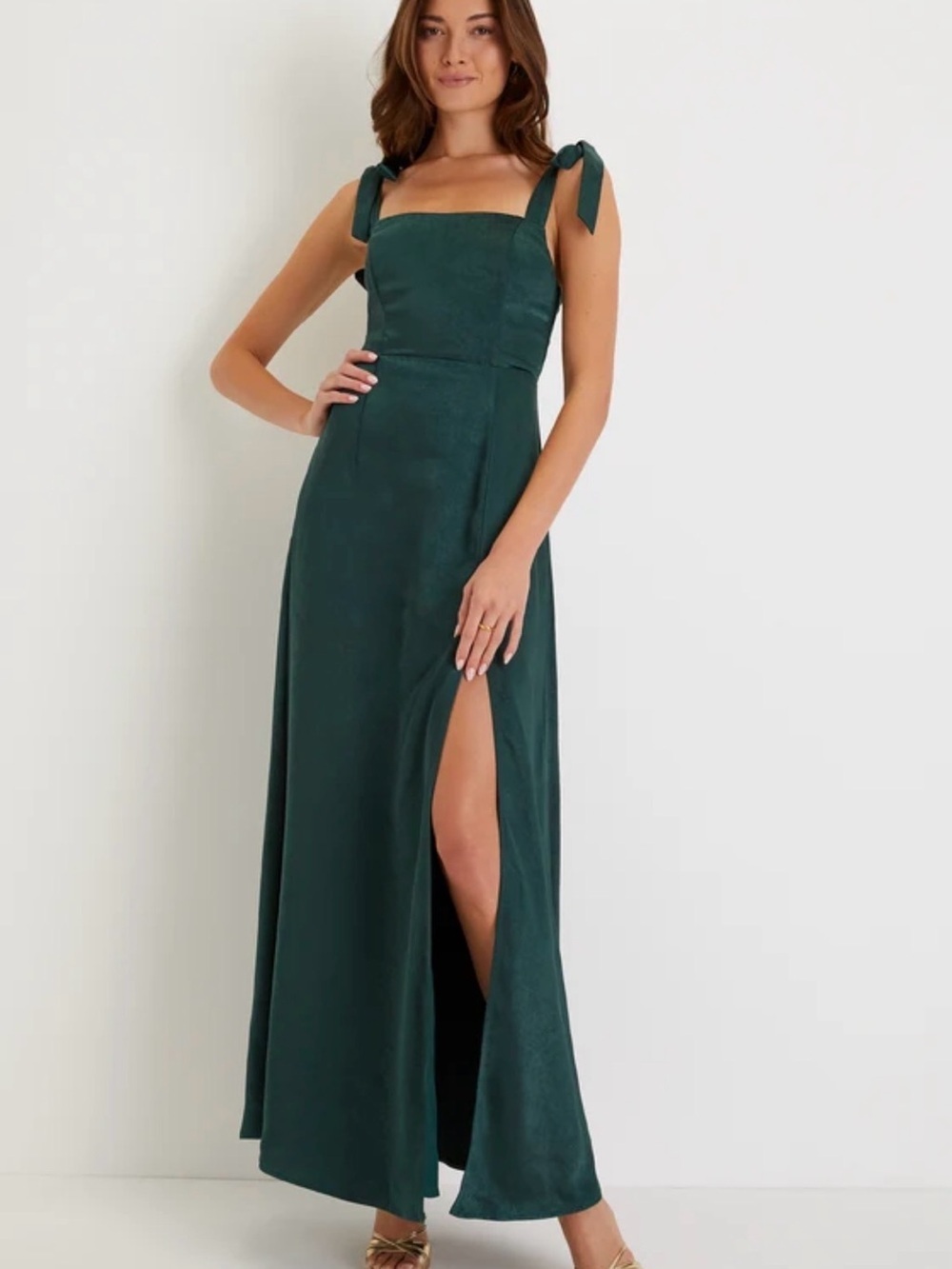 Lulu's Satin Hunter Green Tie-Shoulder Maxi Dress w/ Slit